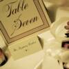 Custom table numbers, escort cards, candle favors and card box.