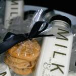 Custom Labeled Glass Milk Bottles & Chocolate Chip Cookies as a sweet way to say thank you at the end of the night.